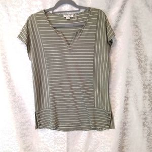 Simply Noelle light olive green with white stripes cap sleeves top S/M
